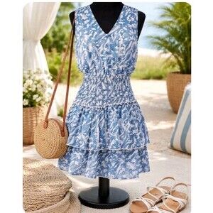 Entro Blue White Ethereal Smocked Waist Tiered Ruffled Mini Dress Sz L Romantic